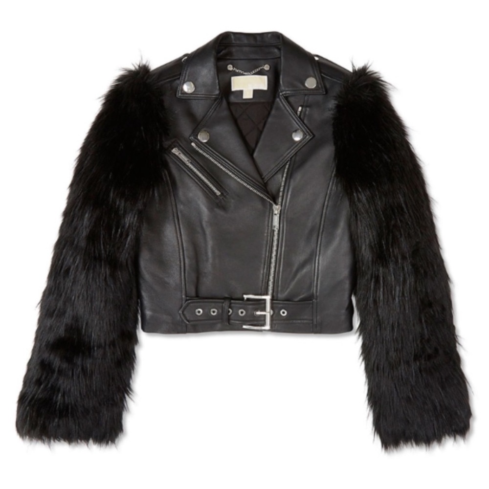 Michael Kors Lambskin Leather Moto Jacket with Fur Sleeves